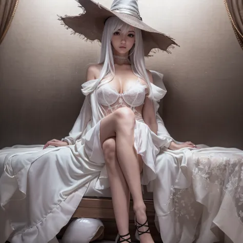 Nsfw，masutepiece, Raw photo，High resolution，Best Quality，High Definition, Perfect composition, Perfect face, Perfect body, 16 K，Cinematic lighting，1girl in, maturefemale, masutepiece, mistress, Goddess,White Witch Hat,Sitting