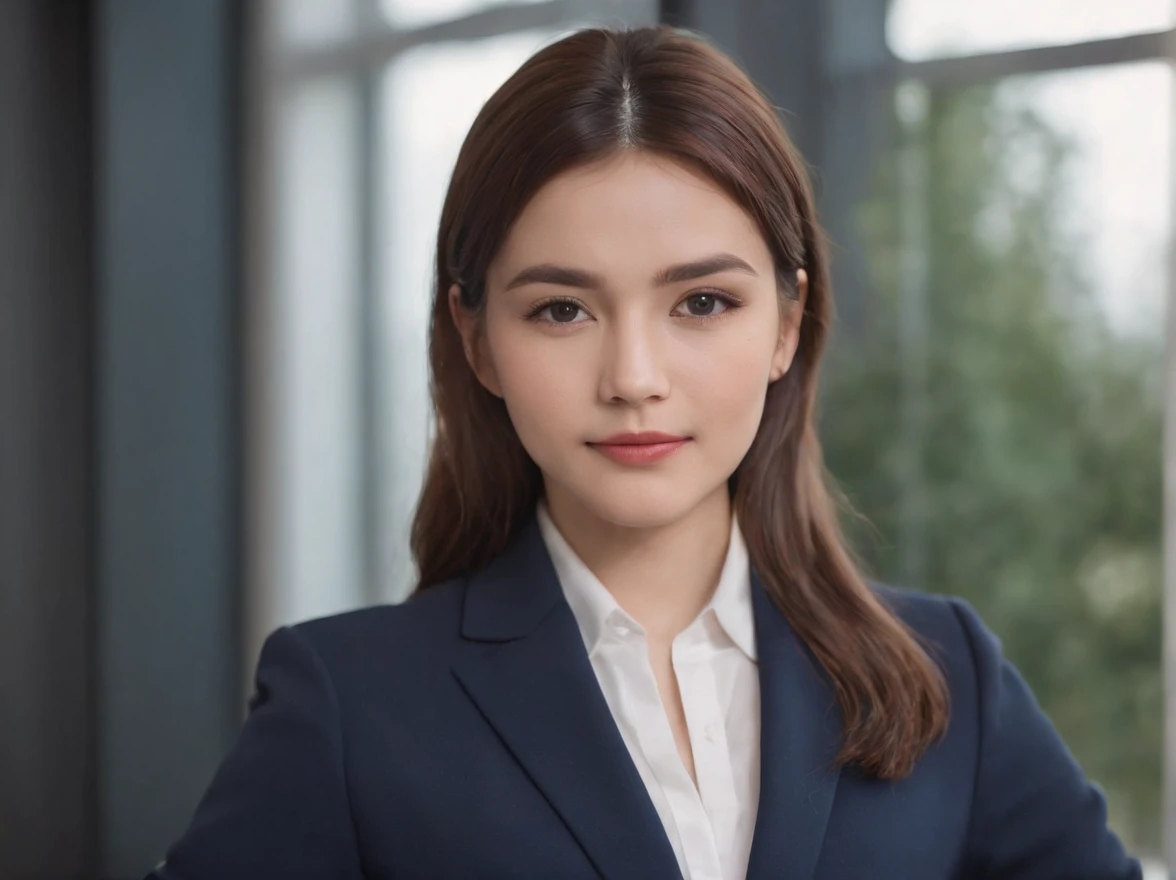 Professional image of a 25-year-old working woman, Wear a navy blue business casual suit and hip wrap skirt, Professional profile photo, posing with crossed arms, professional picture, professional profile picture, photograph of a woman, Business woman, le...