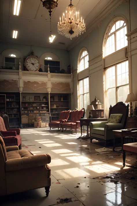 A bigest abandoned thrift store ,with spider webs everywhere, the objects are textured dusty but beautiful, clocks,big teddy bears, armchair and other chandelier