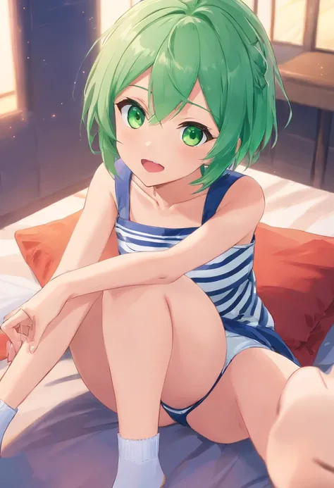 panties, underwear, striped, 1girl, striped_panties, green_hair, green_eyes, open_mouth, short_hair, sitting, solo, dress, green_panties, white_dress, collarbone, kneehighs, blush, pantyshot, sleeveless