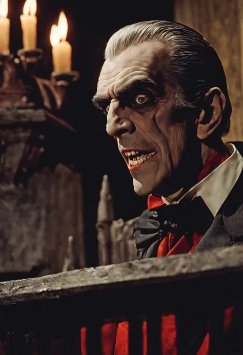 closeup cinematic still of (Boris Karloff) as dracula, open mouth fangs bared, (1800s) inside creepy mansion, red, fireplace, standing glaring, perfect eyes, detailed face, foreboding, menacing, (bram stokers dracula movie), analog, high saturation