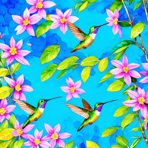 Multiple hummingbirds, there are hummingbirds, flying around with flowers, blue bird, painted in bright water colors, rich aquarel, watercolor digital painting, watercolor colored painting, beautiful art, waterpaint art, painted in high resolution, aquarel...