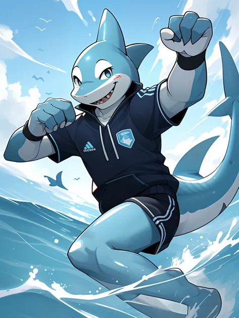 Blue Shark，shoun，Likes to wear white and light blue clothes，Enjoys playing games and sports，Introverted personality，Live in Ocean City，Emoji smile，Scene sports or play games