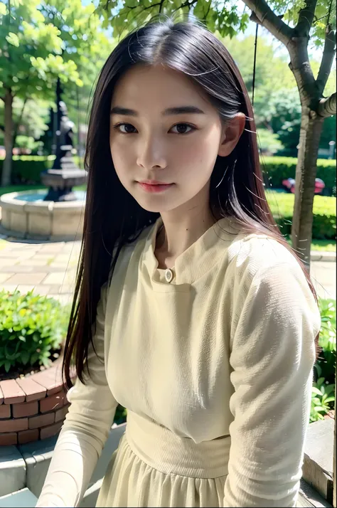 (Realistic, photo-realistic:1.37),(8K, Best quality, Masterpiece:1.2), Ultra-detailed, 超高分辨率,with a round face, Best quality,Extremely detailed face,Extremely detailed eyes and face, Beautiful detailed eyes ,long whitr hair,park ,trees