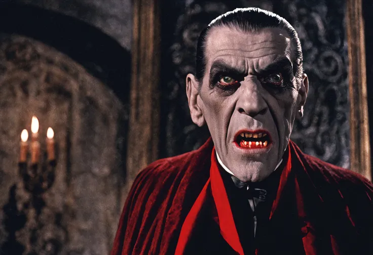 closeup cinematic still of (Boris Karloff) as dracula, open mouth fangs bared, (1800s) inside creepy mansion, red, fireplace, standing glaring, perfect eyes, detailed face, foreboding, menacing, (bram stokers dracula movie), analog, high saturation