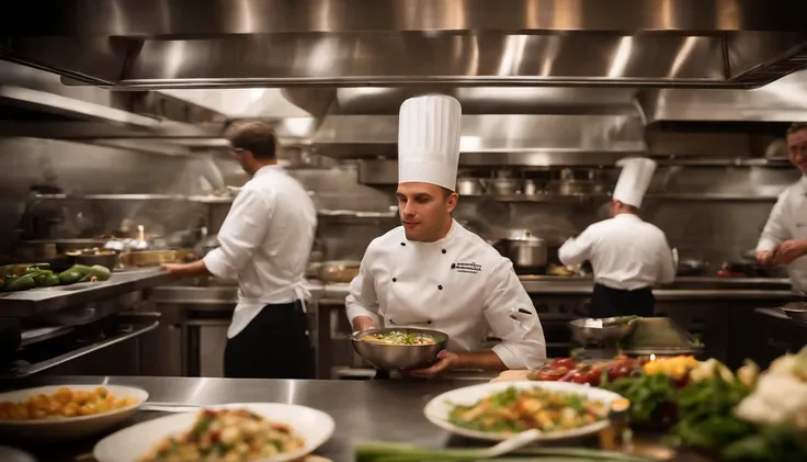 "Produce a photograph of a high-end restaurant kitchen during a busy dinner service. Capture the chefs in action, the sizzle of pans, and the exquisite presentation of dishes. Skillfully incorporate a digitally rendered menu board with intricate descriptio...