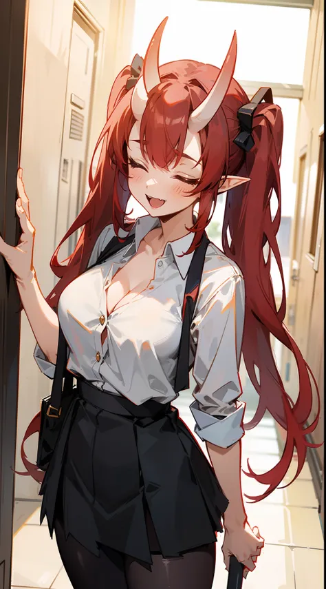 1oni woman,mature female,solo,proud expression,white shirt,black skirt,cleavage,red hair,long twintail hair,black pantyhoses,elves ears,oni horns,closed eyes,smile,open mouth,standing in a school hallway,cowboy shot