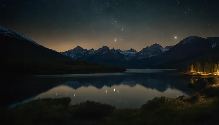 "Create a photograph of a vast, clear night sky filled with twinkling stars. Capture a picturesque landscape below, like a tranquil lake surrounded by mountains. Integrate a subtle overlay of a scientifically accurate constellation map, blending seamlessly...