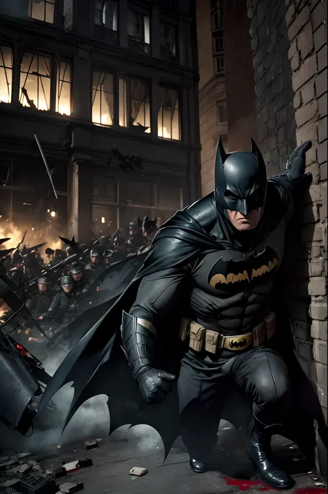 BATMAN enfrenta Hitler "German General of the First World War" que levanta-se dos mortos para destrir Gotham , Bombas dropped from planes destroy the streets of Gotham, The streets are littered with blood and human dead in pieces on the floor and in the wi...