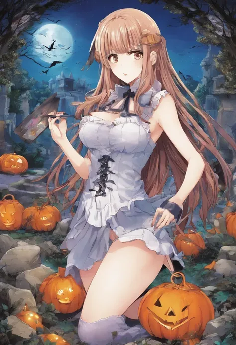 Hot adult anime women in very NSFW revealing costumes trick or treating with big breasts and very short skirts in a grave yard with all the classic monsters in the style of hentai