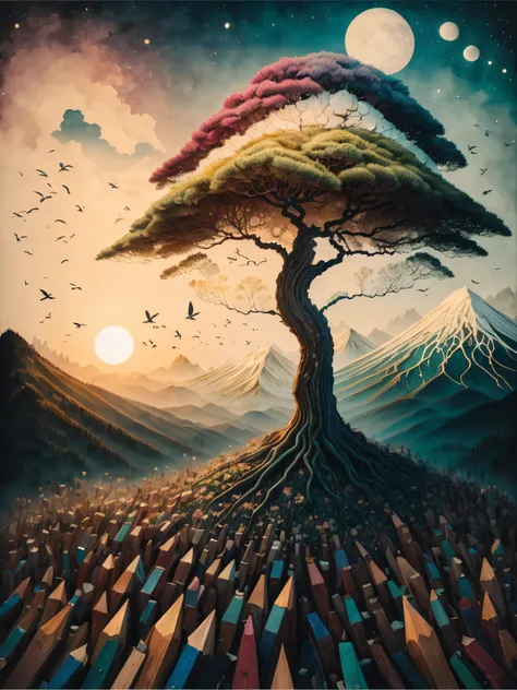 Painting a tree on top of a mountain, Mountain of wooden pencils, atardecer, Surrealist illustration, Arte oscuro surrealista, Estilo Mark Ryden, Mark Ryden muy detallado, Mark Rydens Estilo, Naoto Hattori, Surrealismo pop lowbrow, Mark Ryden en el estilo ...