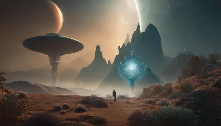 Imagine a surreal extraterrestrial landscape on a distant alien planet. Envision towering crystalline structures that reach into a sky filled with multiple moons and a kaleidoscope of iridescent colors. The ground should be covered in luminescent, biolumin...