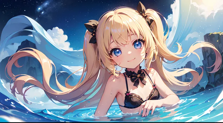 (top quality beautiful illustration),(((cute little loli))),(((tiny loli))),(((little girl))),(((small body))),(((childish face))),(((very fine pretty face))),(blonde long hair),(very detail shiny blue eyes),(seductive),(smile),(large breasts),(transparent...