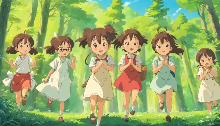 cute girl, multiple poses and expressions, character sheet, ghibli style, childrens book, illustrasion,