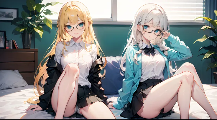 18-year-old blonde, Turquoise eyes, long-haired,Braid left and right, Wear glasses, Wear a white long-sleeved shirt..button up.  Black miniskirt, Sitting on the bed, showing off her legs..With a smiley face.