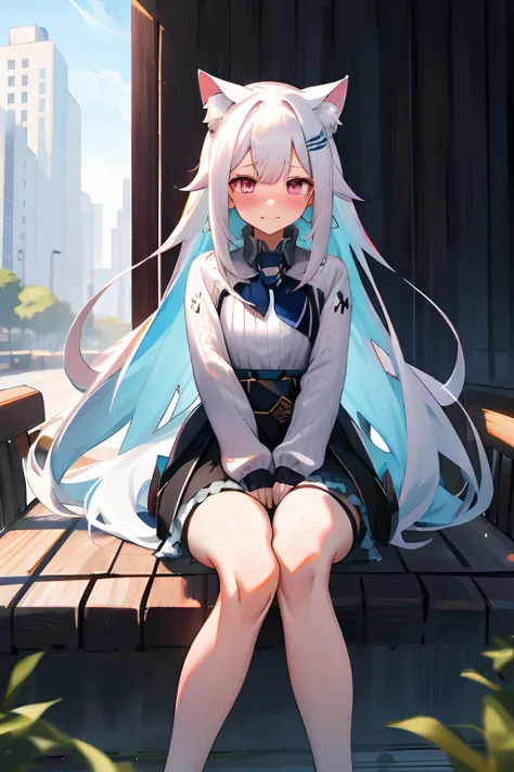 One girl with long hair, white hair, looking at viewer, embarrassed, blushing, :3, outdoor, sweater, long sleeves, arms in chest, black hight waist skirt, thigh , sit on, split legs, legs, cat ears