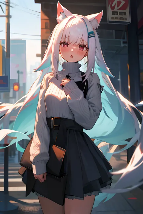 One girl with long hair, white hair, looking at viewer, embarrassed, blushing, :o, outdoor, sweater, long sleeves, black hight waist skirt, thigh , cat ears, cat tails, round glasess, arms in chest