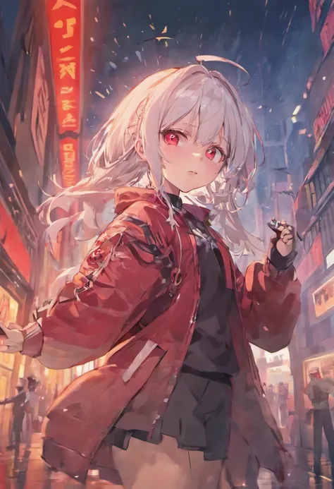 (masterpiece:1.2), best quality , PIXIV, 13 years girl, white hair , red eyes ,Have a gun in her hand ,