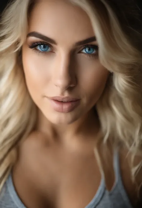 fille sexy aux yeux bleus, Portrait de Corinna Kopf, cheveux blonds et grands yeux, selfie of a young woman, ohne Maquillage, maquillage naturel, Look directly into the camera, Visage avec Artgram, dezentes Maquillage, Superbe photo du corps entier, dans l...