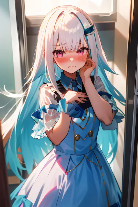 One girl with long hair, white hair, looking at viewer, embarrassed, blushing, indoor , idol dress, idol pose, hair accessories