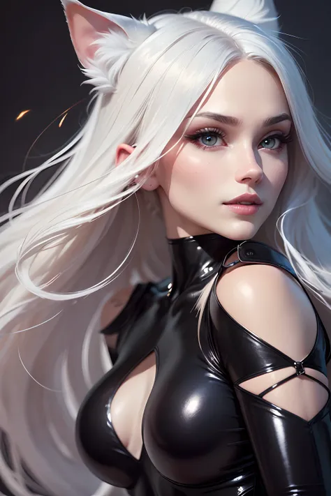 (best quality,4k,highres,masterpiece:1.2),ultra-detailed,realistic, portraits, intense lighting, vibrant colors, latex texture, seductive gaze, confident posture, dark background, high fashion, elegant, long flowing white hair, glossy lips, curvaceous figu...