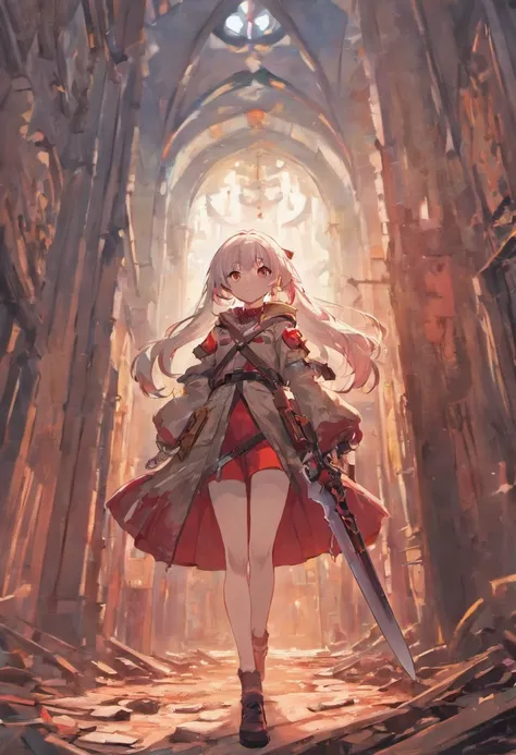 (masterpiece:1.2), best quality , PIXIV, 13 years girl,long white hair , red eyes ,Wearing camouflage uniform,Have a long knife in her hand ,She stands in the ruins, at modern,