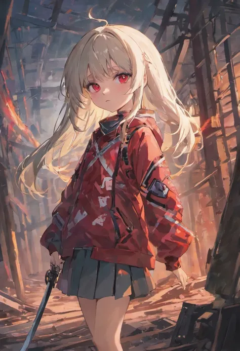 (masterpiece:1.2), best quality , PIXIV, 13 years girl,long white hair , red eyes ,Wearing camouflage uniform,Have a long knife in her hand ,She stands in the ruins, at modern,