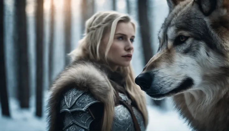 Blonde girl in armor in icy forest，Next to it is a large brown wolf in armor