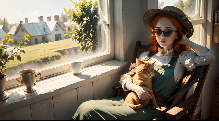 anne of green gables with dark sunglasses sitting in a chair looking out a window on a warm sunny day with her ginger cat in her lap