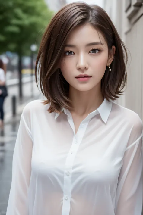 ((Best Quality, 8K, Masterpiece: 1.3)), Sharp: 1.2, Perfect Body Beauty: 1.4, Slim Abs: 1.2, ((Layered Hairstyle, Big Breasts: 1.2)), (Wet White Button Long Shirt: 1.1), (Rain, Street: 1.2), Wet: 1.5, Highly detailed face and skin texture, detailed eyes, d...