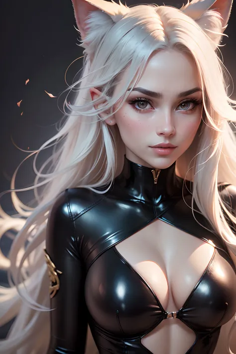 (best quality,4k,highres,masterpiece:1.2),ultra-detailed,realistic, portraits, intense lighting, vibrant colors, latex texture, seductive gaze, confident posture, dark background, high fashion, elegant, long flowing white hair, glossy lips, curvaceous figu...