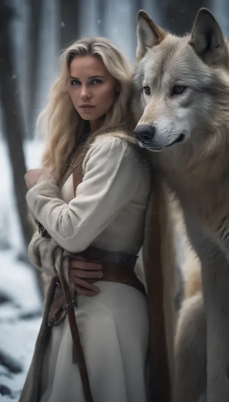 Blonde girl in armor in icy forest，Next to it is a large brown wolf in armor