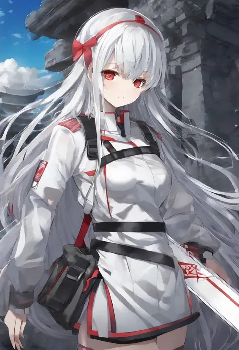 (masterpiece:1.2), best quality , PIXIV, 13 years girl , long white hair , red eyes ,Wearing white and gray camouflage uniforms , (Have a block long knife in her hand) ,She stands in the ruins ,The sky is dark, at modern,