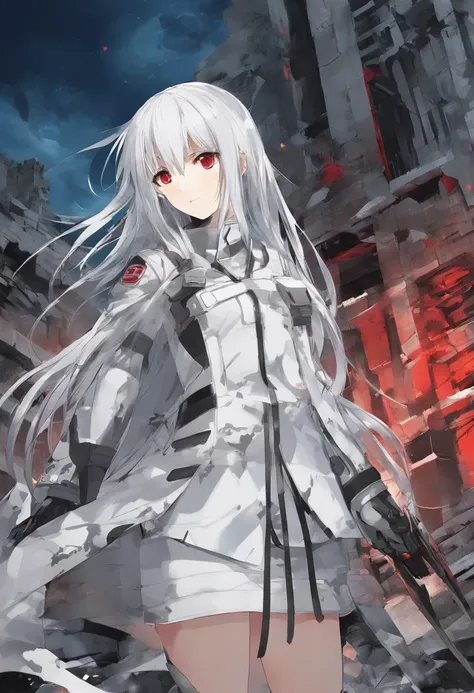 (masterpiece:1.2), best quality , PIXIV, 13 years girl , long white hair , red eyes ,Wearing white and gray camouflage uniforms , (Have a block long knife in her hand) ,She stands in the ruins ,The sky is dark, at modern,