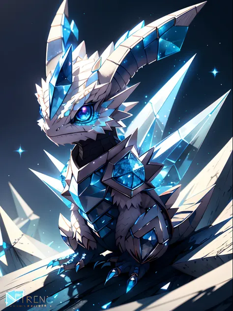 cute creature, chameleon dragon(white ), (horns), (small) cristal spikes (blue), crystallineai_armor,(masterpiece), fantasy ,(il...