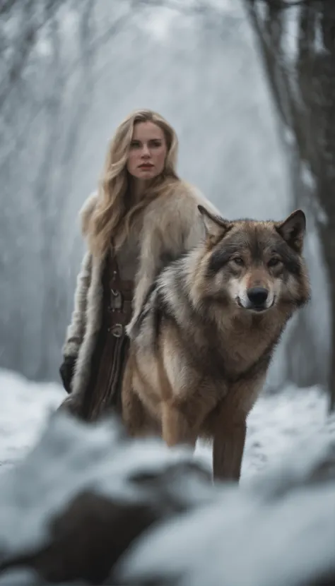 Blonde girl in armor in icy forest，Next to it is a large brown wolf in armor