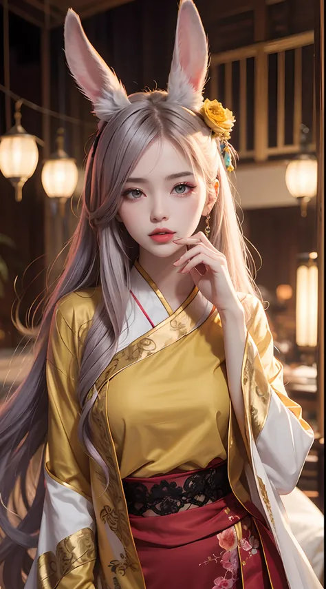 Step into a world of fantasy with a beautiful girl in a hanfu costume. Her thin red silk shirt is adorned with stunning yellow motifs, while her black lace top adds a touch of elegance. Her light pink rabbit ears add a playful element to her look, and her ...