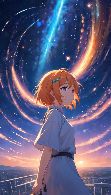 The entire galactic starry sky，Magnificent,Twinkling starlight，boundless，Fantastic sight, orange hair girl.