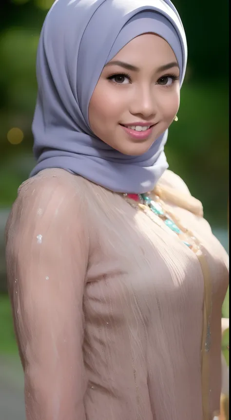 Malay girl in hijab wear white kebaya, in college, wear back pack, front view, detail skin, detail skin texture, mole below eyes, small breast, big hip, big waist, big thigh, slim abs, beautiful body, nighttime, laughing, happy, bright lighting, college st...