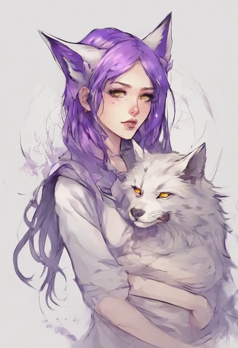 Anime tattoo sketch of a girl with wolf ears and fangs with purple hair, golden eyes, cats drooping ears to the side, Crosses in the eyes,