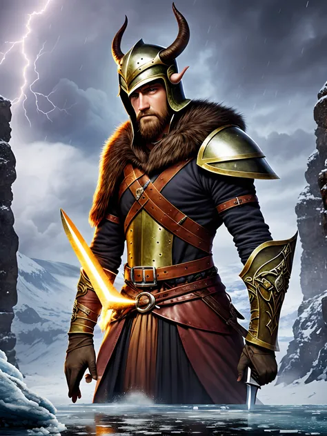 guy with big sword and Helmet has horns and Volcanic eyes in Icy place In the Viking Age after Big storm with little lightning --auto --s2