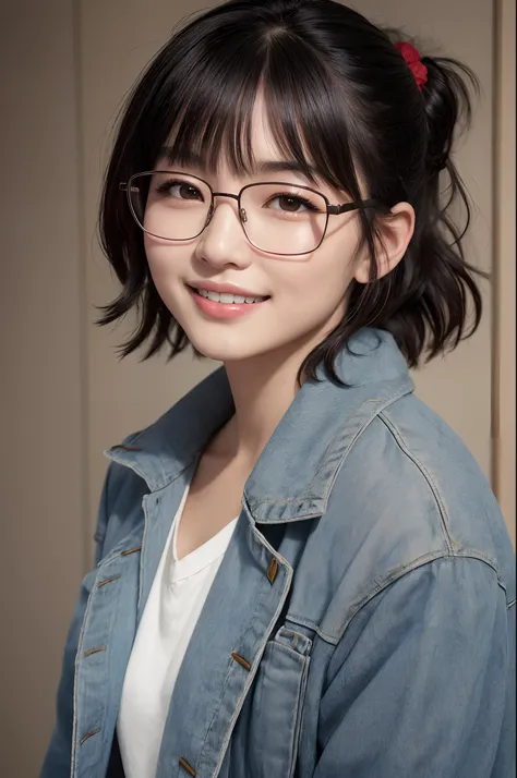 ((solo)), 1girl, japanese woman, blush, perfect illumination, short black hair tied up with a red scrunchie, brown eyes, sunlight, detailed face, bangs, bright skin, big smile, rimless glasses, oversized jacket, simple dark background, natural beauty, beau...