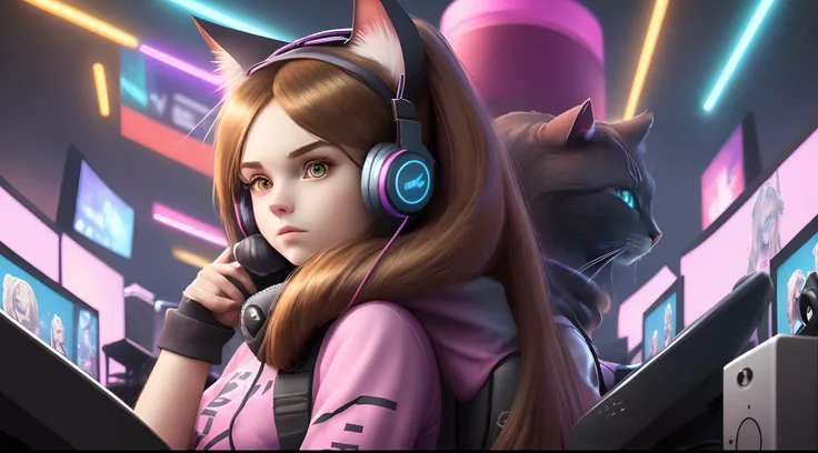 Banner for YouTube. Girl with a cat, gamer in headphones, looking forward, long hair, fantastic background, 3D.
high quality.