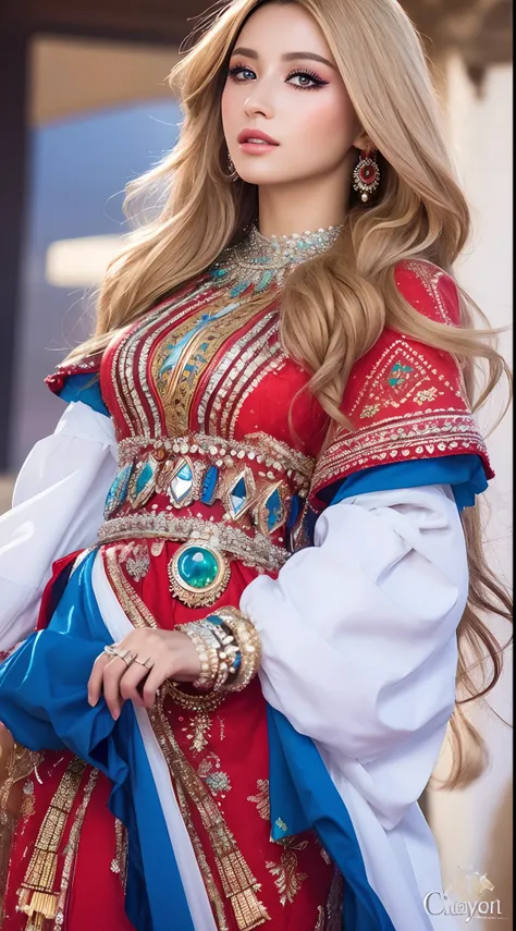 Very beautiful European beauty long blond hair princess crystal eyes bright hyper realistic super detailed Dynamic shot masterpiece Complete outfit Moroccan caftan covers red and blue