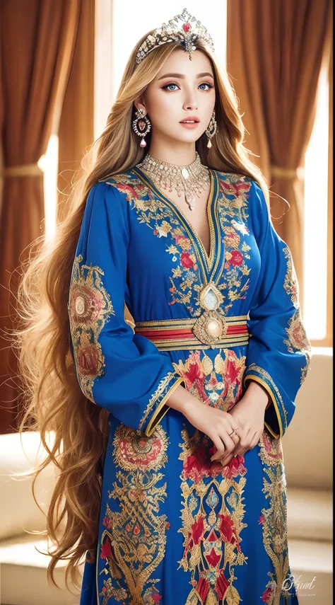 Very beautiful European beauty long blond hair princess crystal eyes bright hyper realistic super detailed Dynamic shot masterpiece Complete outfit Moroccan caftan covers red and blue