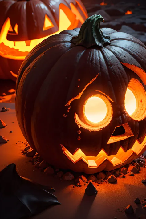 On a magnificent erupting volcano, a Halloween pumpkin is placed, with its eyes and mouth emerging from the incandescent lava