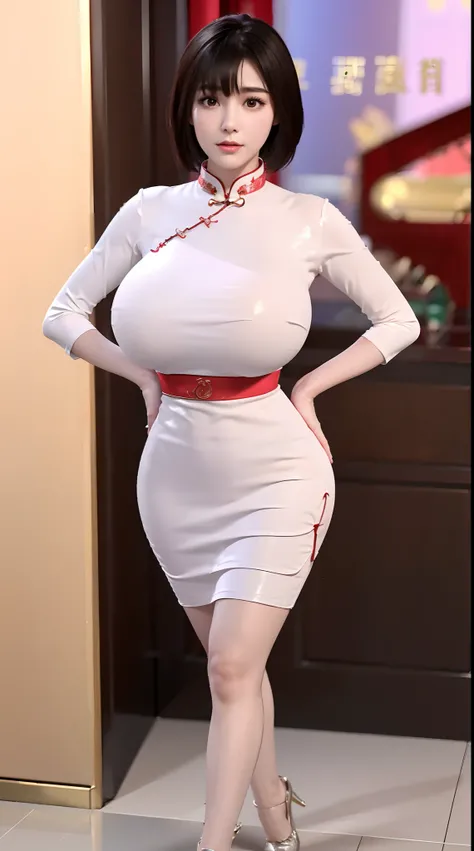 (Realistic), physically-based rendering, 1girl, Female model chinese, short hair, (huge fake breasts:1.1), (party room), sexy muscular body, slim waist, big buttocks, expose abs, (Full body:1.3), (skintight chinese qipao dress:1.2), glove hands, skintight ...