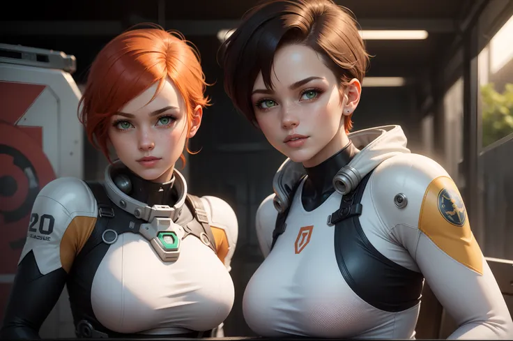 gwen tennyson,tracer,samus,rebecca chambers,overwatch,gundam,1girl,close up,mecha pilot,space port,mecha space suit,space marine,pirate corset,white long sleeve lycra top,wet body,white leggings,short hair,war makeup,green eyes,orange hair,purple highlight...