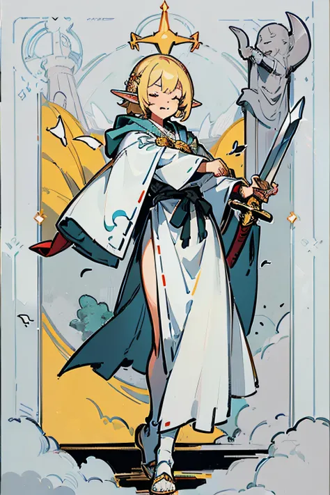 ((Masterpiece)), ((Best quality)), ((A high resolution)), ((finedetail)),tarot cards、magister、dungeons and dragons，Blonde elf girl in gray robes，portraitures，Hold a straight sword in your right hand，standing on your feet，smile with one eye closed