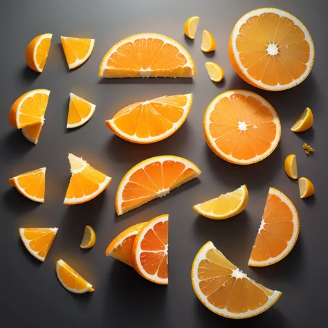 orange and lemon slices flying on white background